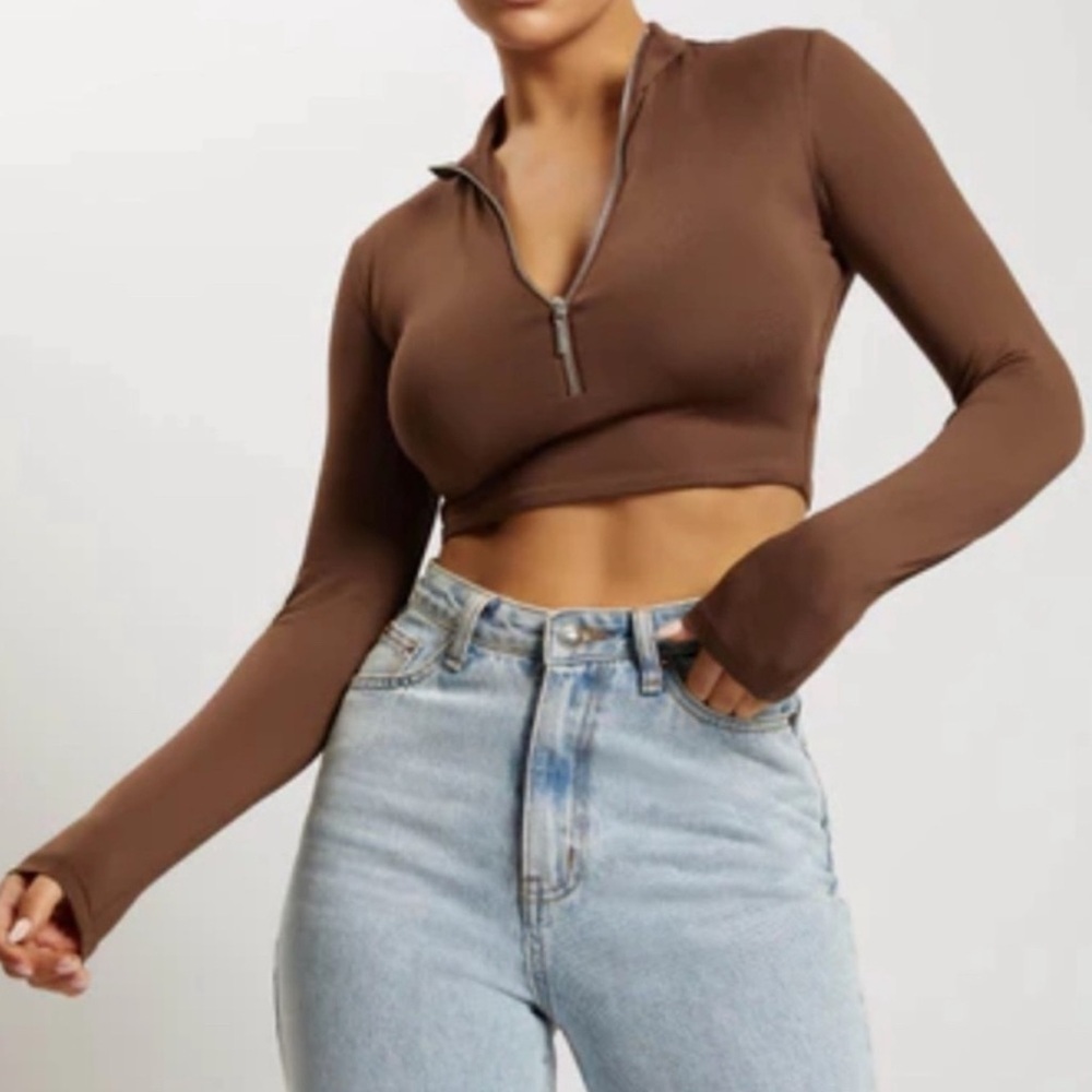 Meshki Rebecca Zip Up Crop Top Long Sleeve Brown Small Athleisure Streetwear